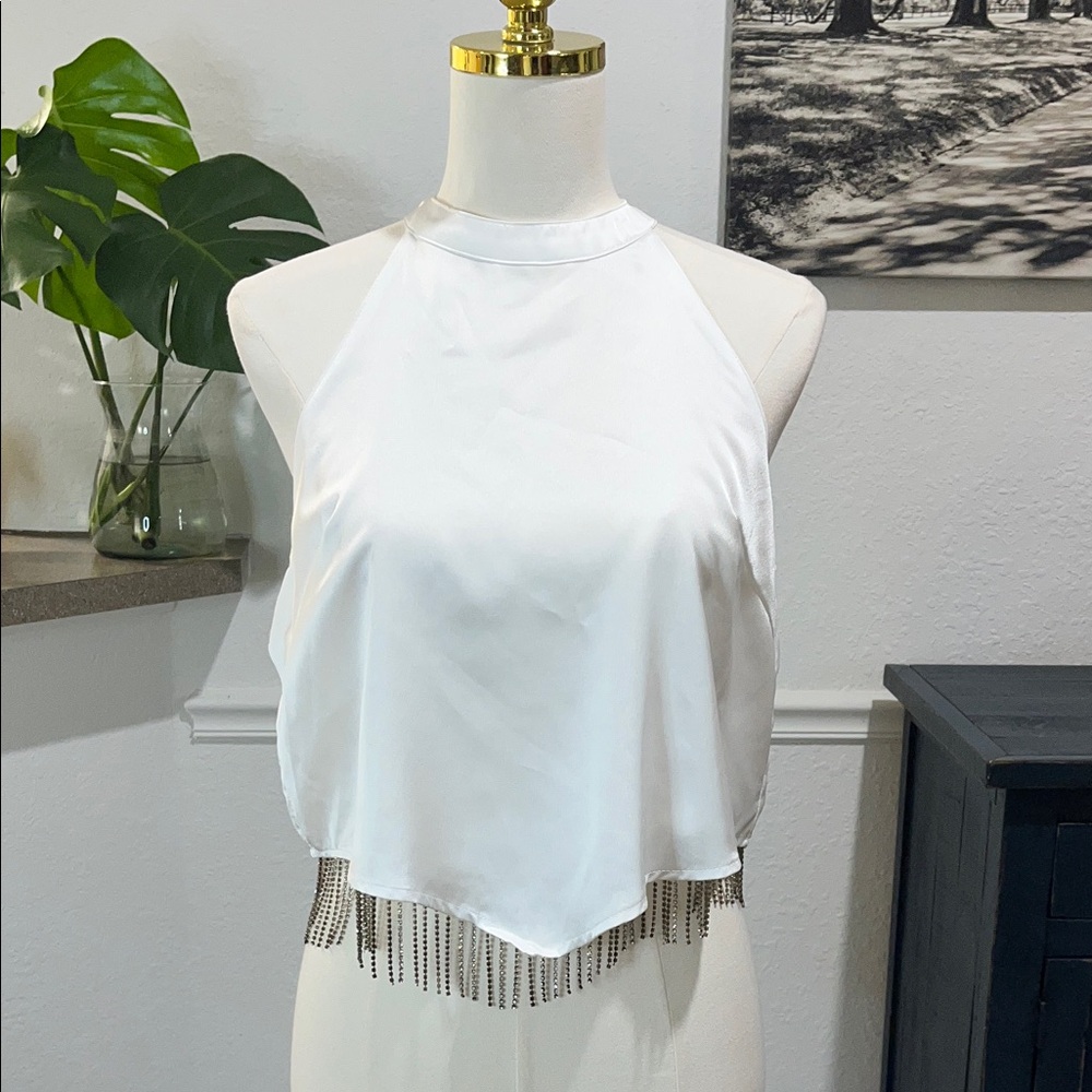 NWT Elegant White Satin Crop Top with Fringe Medium